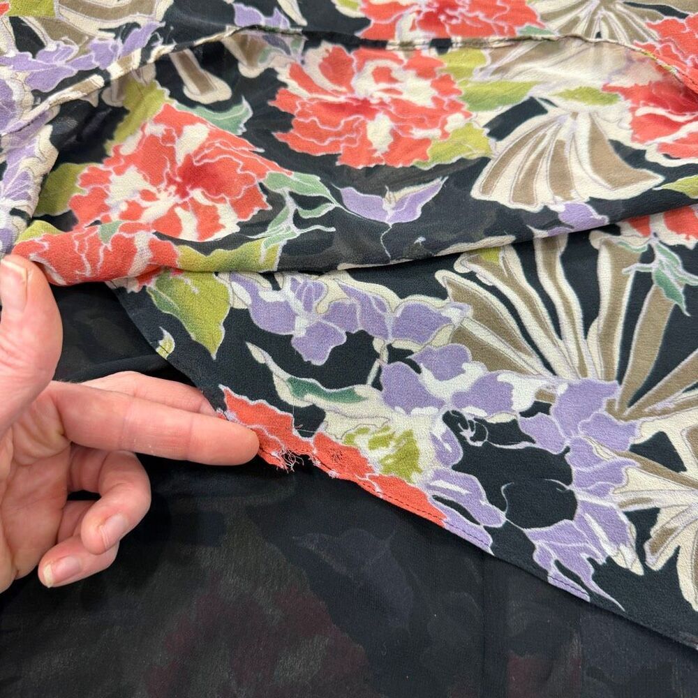 Silk Midi Skirt Vintage Adrianna Papell Size 12 Floral Print High Low Black Red - Picture 12 of 16
